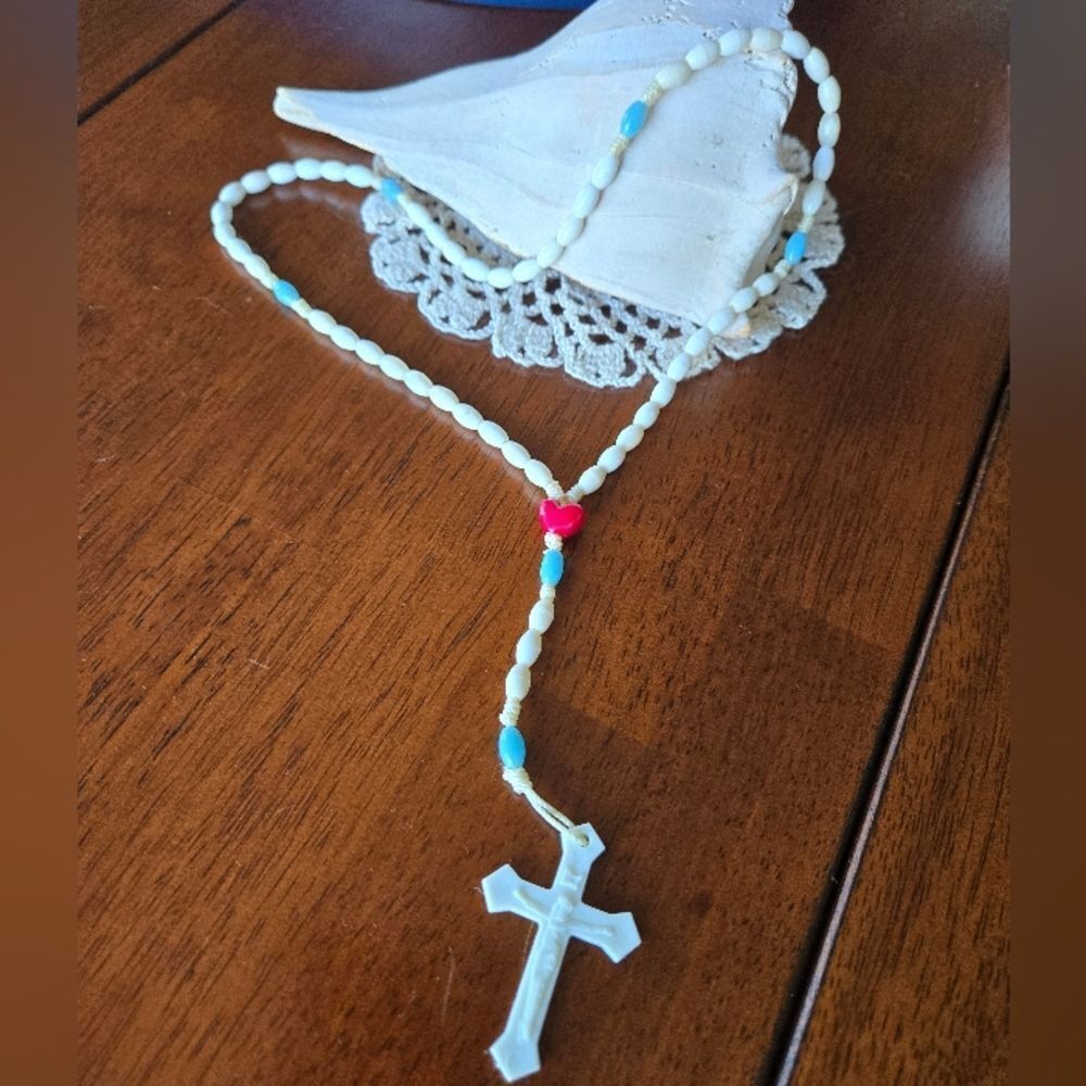 White Beaded Rosary Cross Jewelry First Faith Love School Handmade One Of Kind
